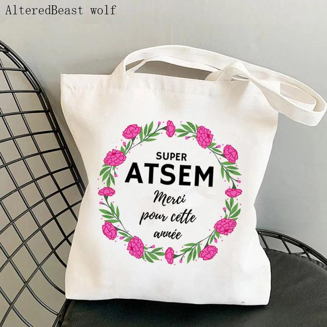 French Thank You Mistress Women Canvas Kawaii Shopping Shoulder Bag Merci Atsem Harajuku Bag Gift for Teacher Shoulder Bags