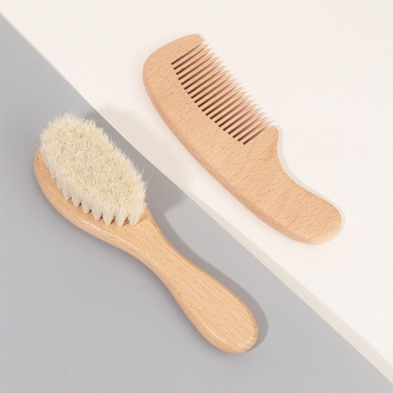 Baby Hair Brush and Hair Comb Set Soft Goat Bristles Cradle Caps Brush for Newborns & Toddlers Wood Baby Hair Brush
