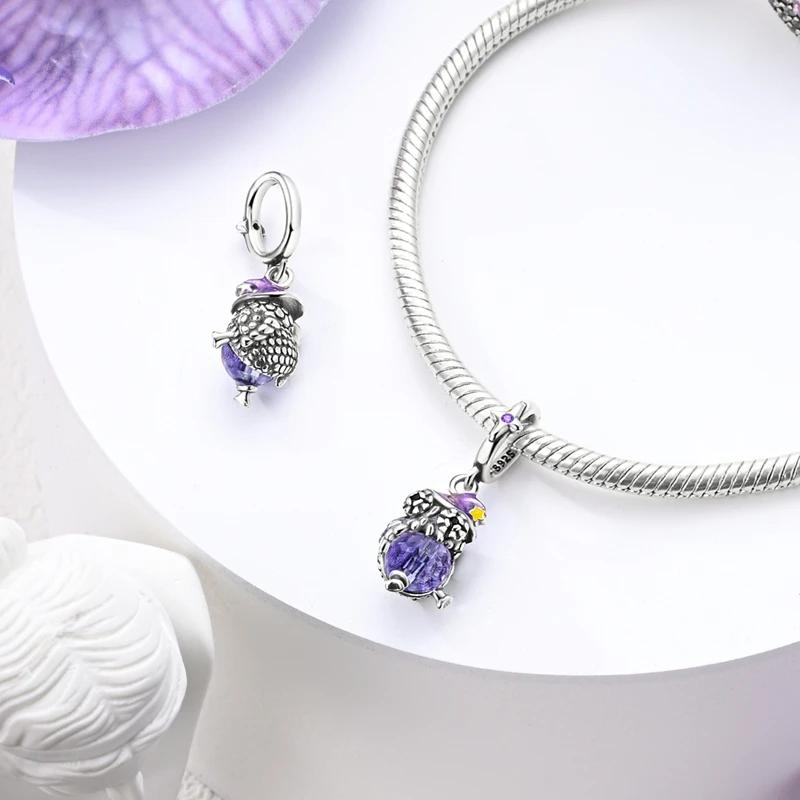 Orginal Charms Copper Purple Owl Fluorescent Beads Blue Zircon Moon Pendant Fit Bracelet Women Jewelry Making Fine Gift