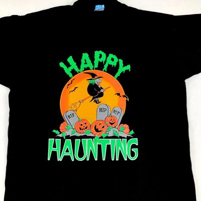 Vintage 90s HAPPY HAUNTING HALLOWEEN CARTOON T-Shirt LARGE Witch Single Stitch