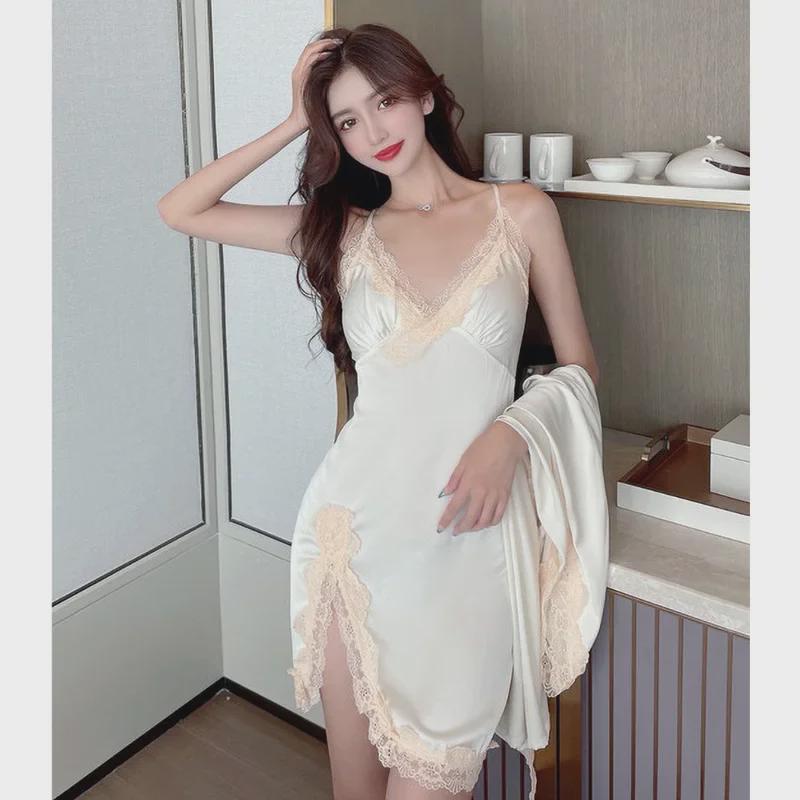 Ice Silk Lace Deep V Backless Pajama Set for Women