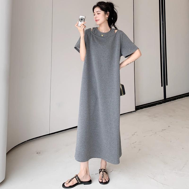Women's Lazy T-shirt Dress Summer Temperament Off-the-shoulder Plus Size Slimming Over The Knee Dress