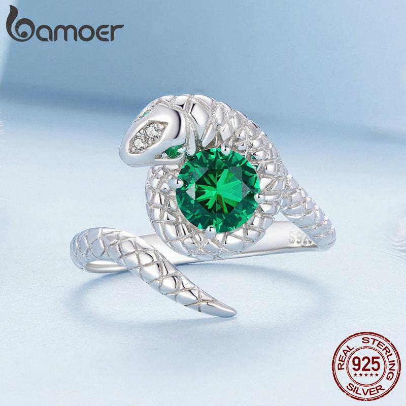 Bamoer 925 Sterling Silver Green Spinel otevírací prsten Vivid Snake Nastavitelný prsten pro ženy Jemné šperky z kubických zirkonů