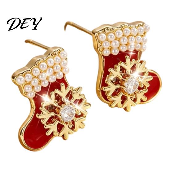 Christmas Gift for Her 1 Pair Red Stocking Stud Earrings Women, Sparkly Rhinestone Enamel Cute Snowflake Studs Sock Shaped Earring with Snowflake,