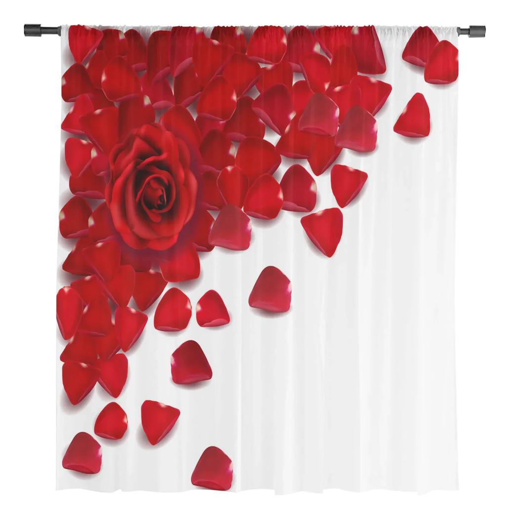 Red Rose Flower Plant White Chiffon Sheer Curtains for Living Room Bedroom Home Decoration Window Voiles Tulle Drapes Curtain