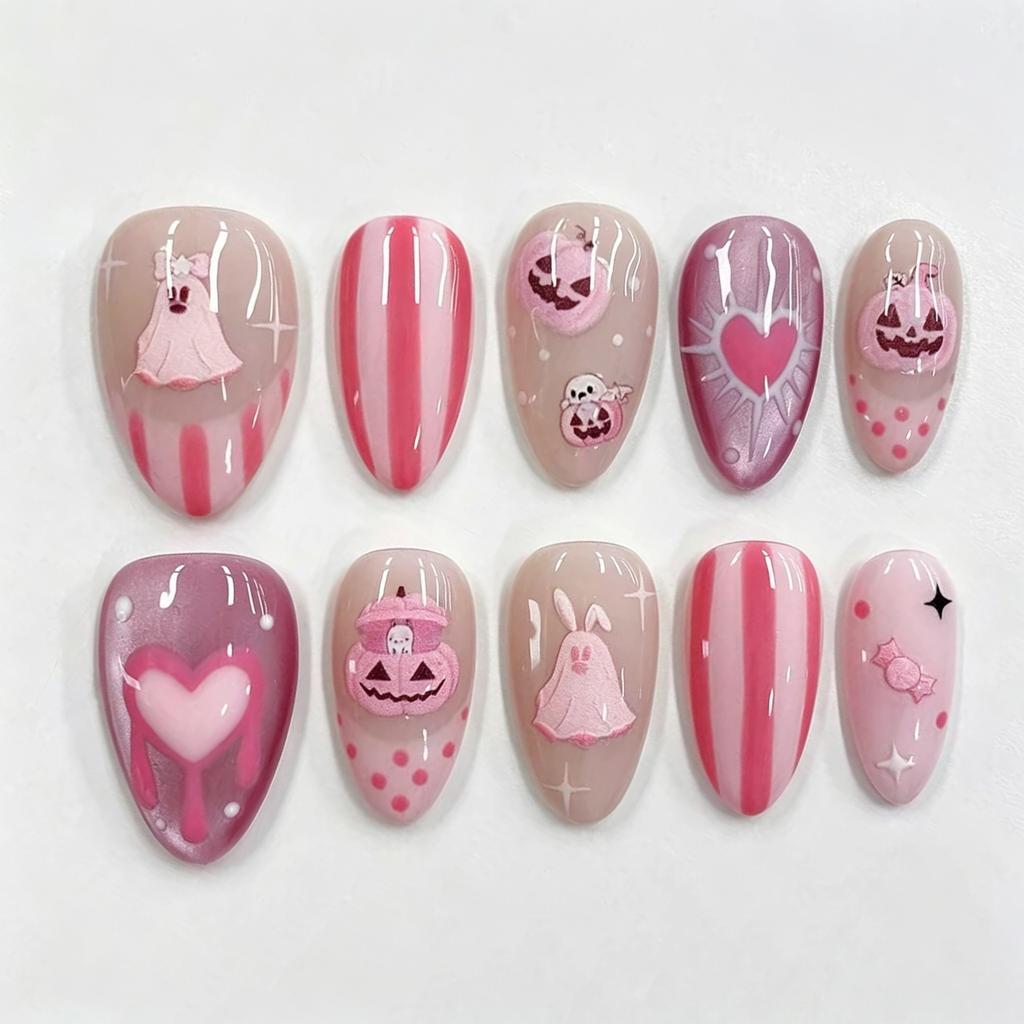 24PCS Halloween Almond Press on Nails Pink Black Ghost Bat Spider Web Heart Patterns False Nails Cute Gothic Y2K Fake Nails Tips