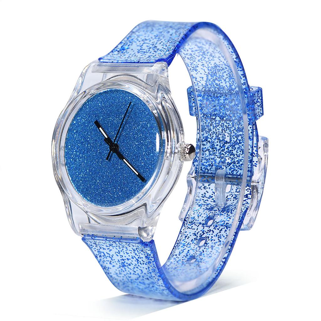 Female Quartz Wrist Watch Round Plastic Strap Glitter Powder Wristwatch (Blue)