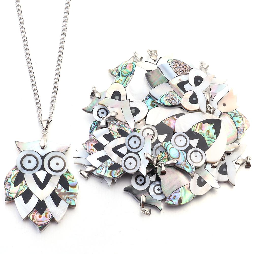 Natürlicher Eulenform-Abalone-Muschel-Anhänger Glückstier Perlmutt-Muschel-Charms für DIY-Schmuckherstellung Halsketten-Zubehör
