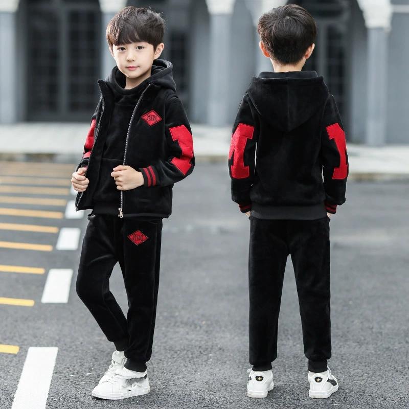 Autumn Winter Boys Tracksuit Teenager Clothes Velvet Zipper Vest Jacket + Hooded + Pant Children Set Kids 8 9 10 11 12 Year