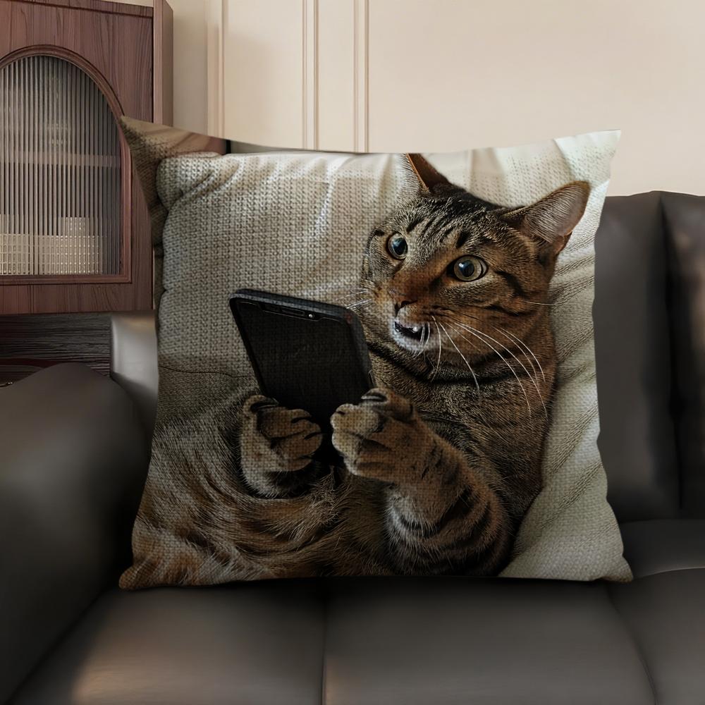 Cute Cat Holding Phone Cushion Cover Natural Linen Organic Fabric DoubleSided Printing Sofa Home Decor Gift Pillow Case