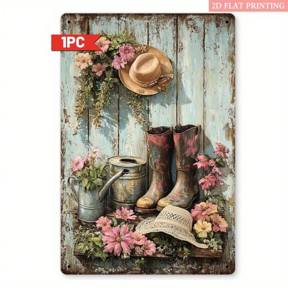 Rustic Farmhouse Wall Art D Floral Boots Hat Metal Decor Watering Can Vintage Iron Sign Home Decor X Inch