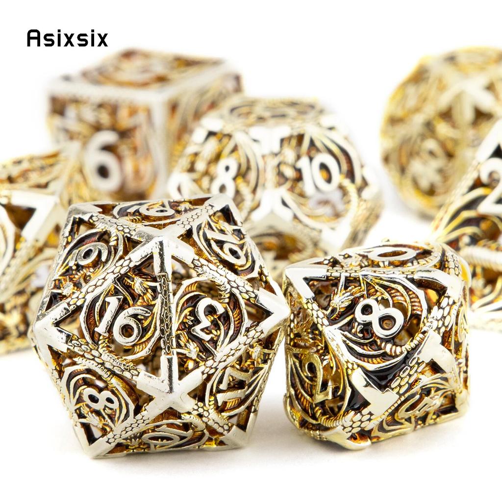7 Pcs Light Golden Dragon Metal Dice Dragon Hollow Metal Polyhedral Dice Set Suitable for Role-Playing RPG  Board Game Card Game