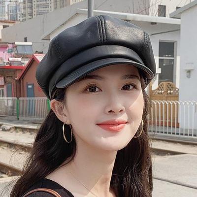 Béret Octogonal en Cuir d'Agneau Véritable pour Femme - Chapeau tendance Automne Hiver Octogonal Newsboy Peintre