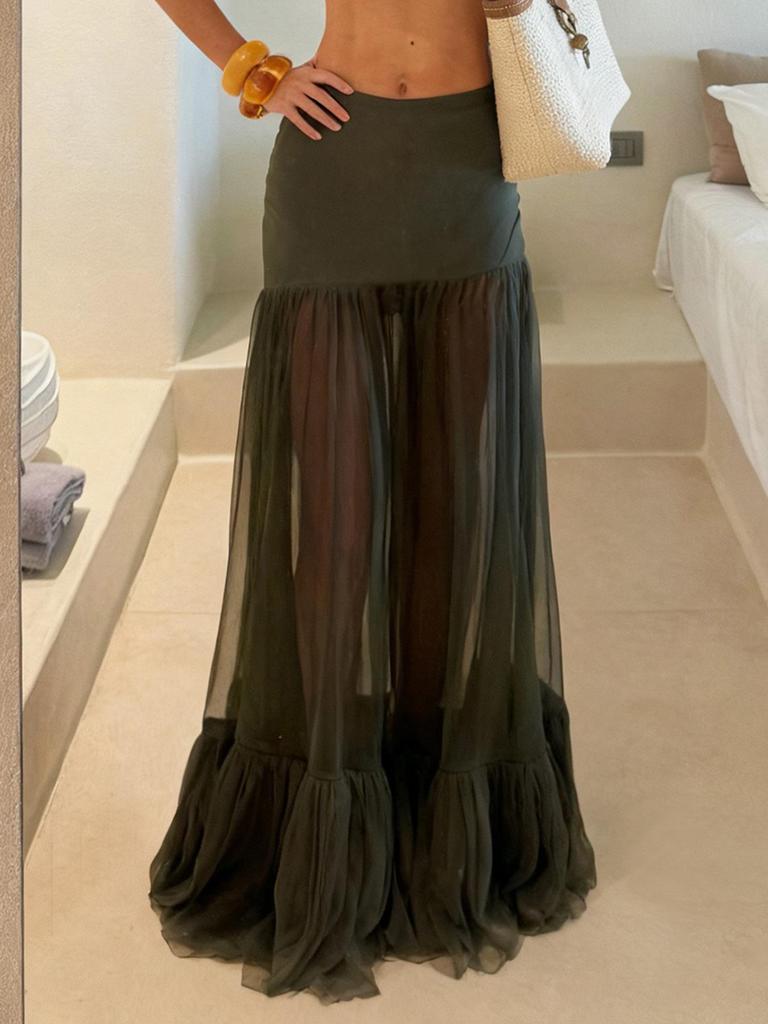 Elegant French Mesh See-through Long Skirt in Solid Color