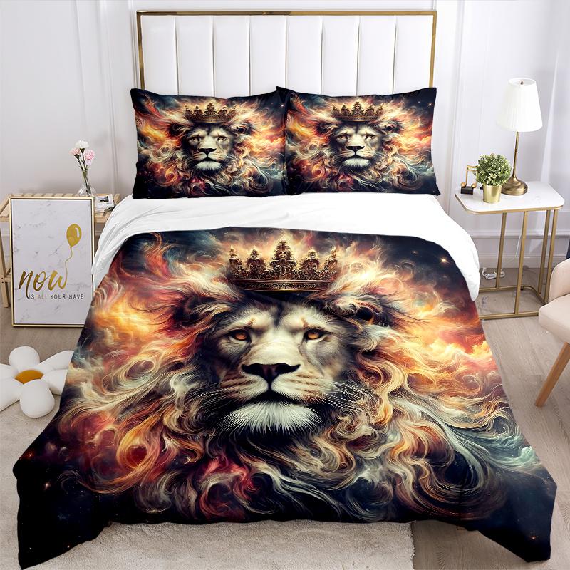3pcs Lion's Crown Amidst Celestial Flames Bedding Set - Includes 1 Quilt Cover and 2 Pillowcases, Comfortable Bedding with Stylish Design for Bed
