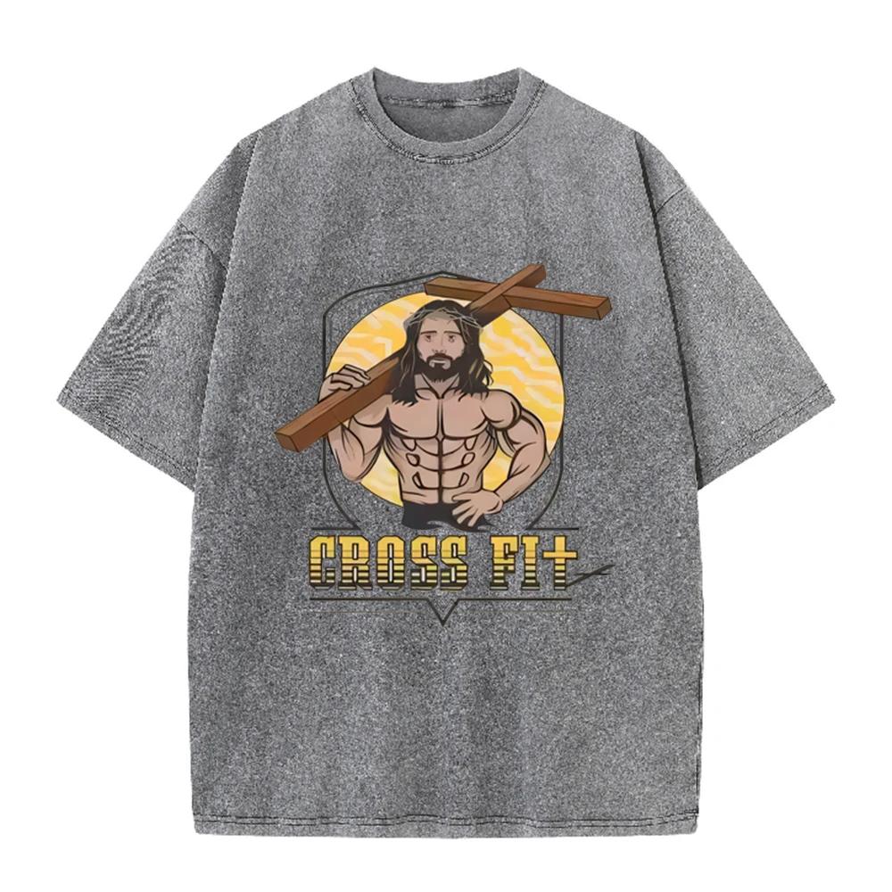 Asian Size Vintage Washed T Shirt Muscular Jesus Cross Fit Graphic Oversized Gym Christian Streetwear Short Sleeve Tee