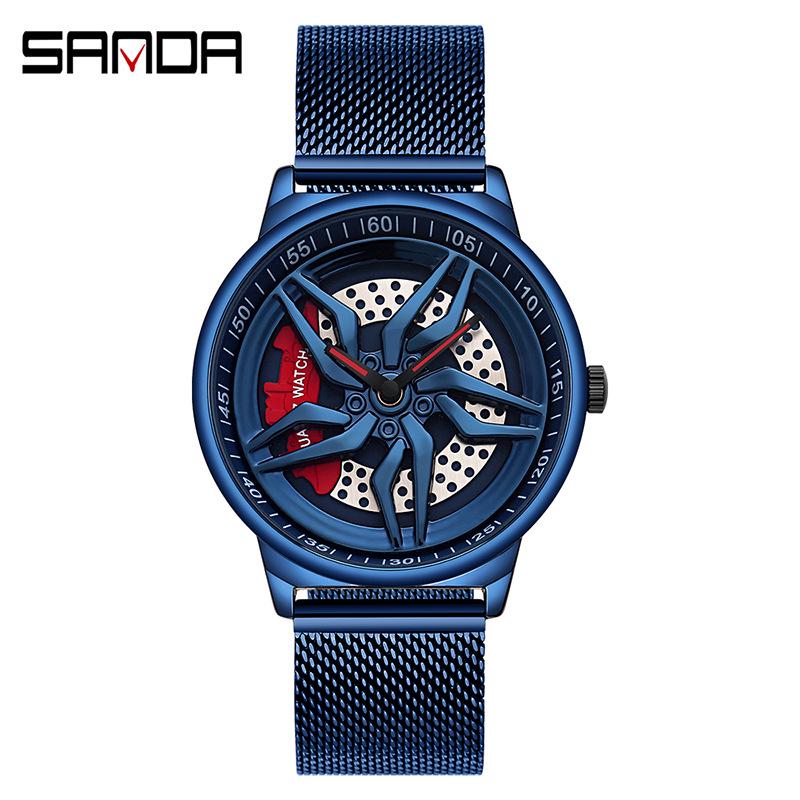 Sanda Men's Creative Rotating Quartz Wristwatch with Mesh Strap