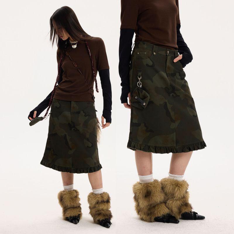 

Thelight2025 Spring/Summer New Camouflage Army Green Denim Short dress Women American Distressed Retro Rusty Skirt Army Green M