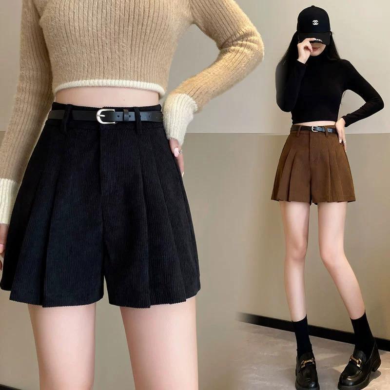 Casual All-match Versatile Corduroy Pleated Skirt Trousers for Women Autumn Winter High-Waisted Slimming Shorts Simple Versatile A-Line Trousers
