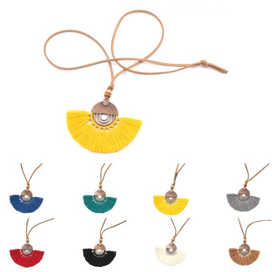 Bohemian Ethnic Style Sweater Necklace Alloy Fan Shaped Cotton Thread Tassel Women Necklace Jewelry Accessories