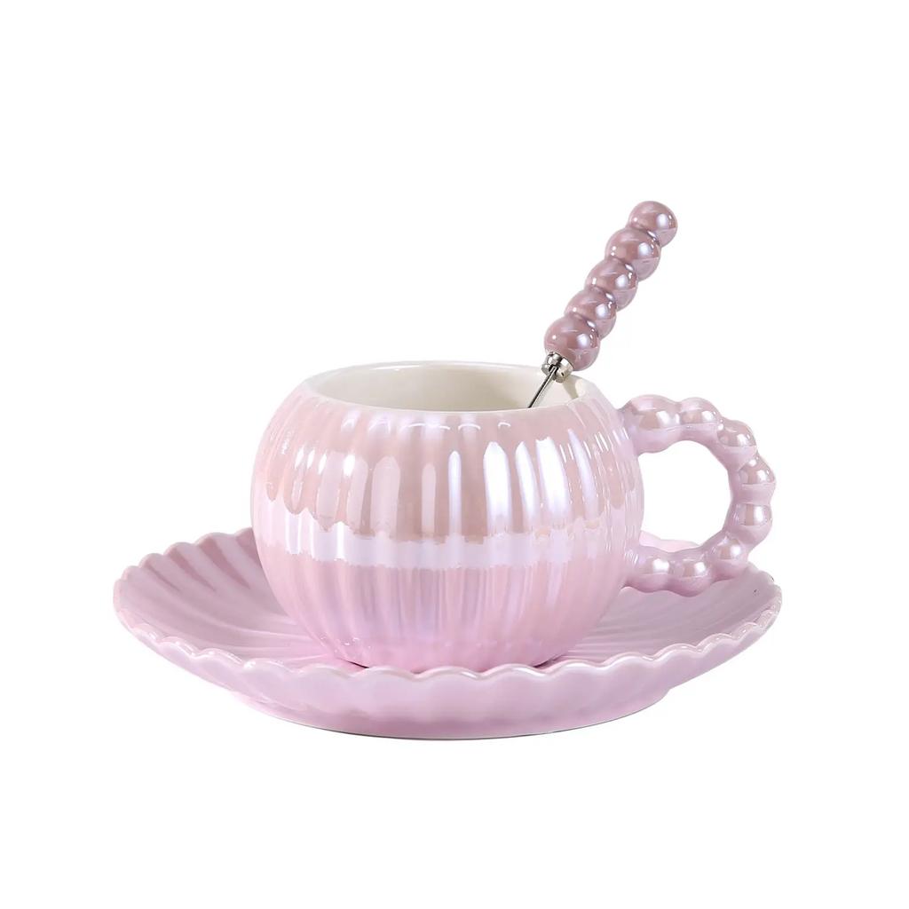 Light Luxury Creative Ceramic Coffee Cup Saucer Set Ins Pearlescent Glaze Ceramic Afternoon Tea Cup Saucer Set Cup with Spoon