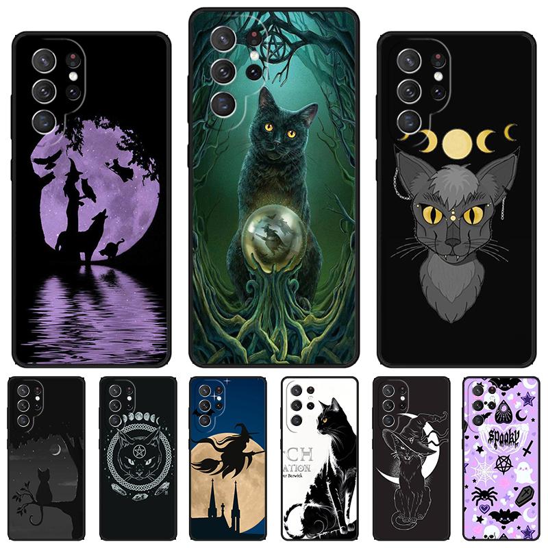 Witches Cat Moon Phone Case For Samsung Galaxy S24 S25 S23 S22 Ultra Note 10 20 Plus S20 S21 FE Cover
