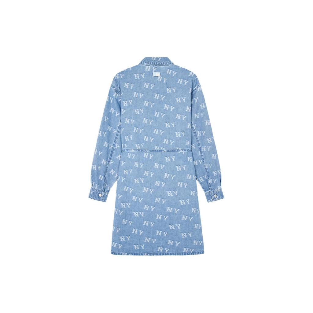 MLB New York Yankees Classic Monochrome Jacquard Denim Long Sleeve Dress Women Dress Blue 3FDDM0141-50BLL