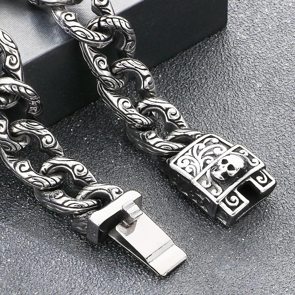 Punk Skeleton Jewelry Vintage Cuban Link Chain Bracelet for Man with Skull Head Clasp 316L Stainless Steel Bracelets and Bangles