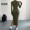 Daily Wear Autumn Dresses Women Round Neck Knitted Dress, Long Sleeve Pullover Sweater Formal Work Solid Color Stretchy Split Bodycon Dress for Winter
