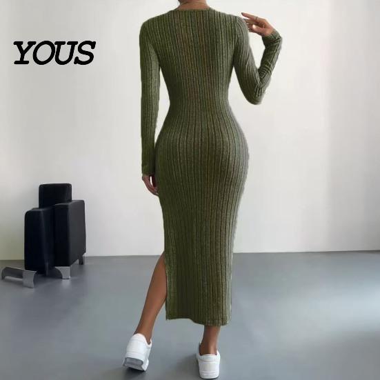 Daily Wear Autumn Dresses Women Round Neck Knitted Dress, Long Sleeve Pullover Sweater Formal Work Solid Color Stretchy Split Bodycon Dress for Winter