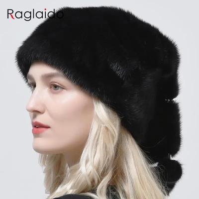 New Luxury Women Elegant Mink Fur Hat Whole Skin Real Fur Hat Full Pelt 3 Balls Diamond Tails Hat Big Warm Women Fur Hat