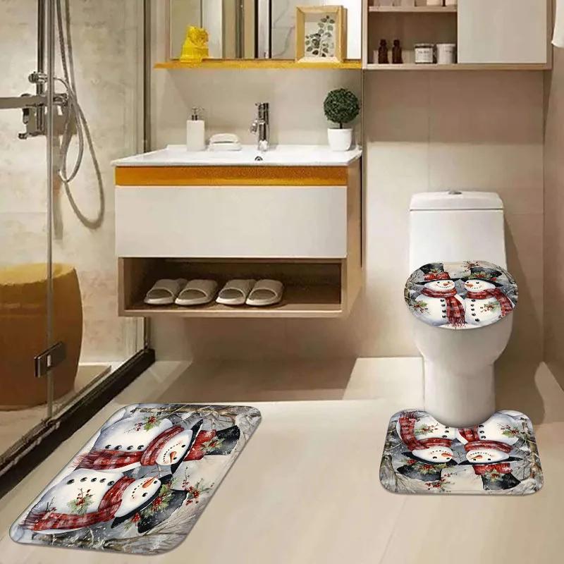 Weihnachts-Badezimmer-Dekorationsset Mit Wasserdichtem Polyester-Badezimmer-Ensemble, Schneemann-Thema, Enthält 12 Haken, Rutschfester Toilettensitzbezug