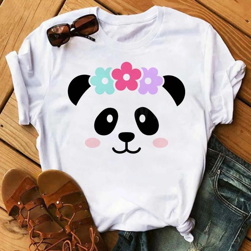 Cute Panda With Sunglasses Graphic Women T-Shirt Minimalist Black Line Animal Print Short Sleeve Casual Streetwear Tee