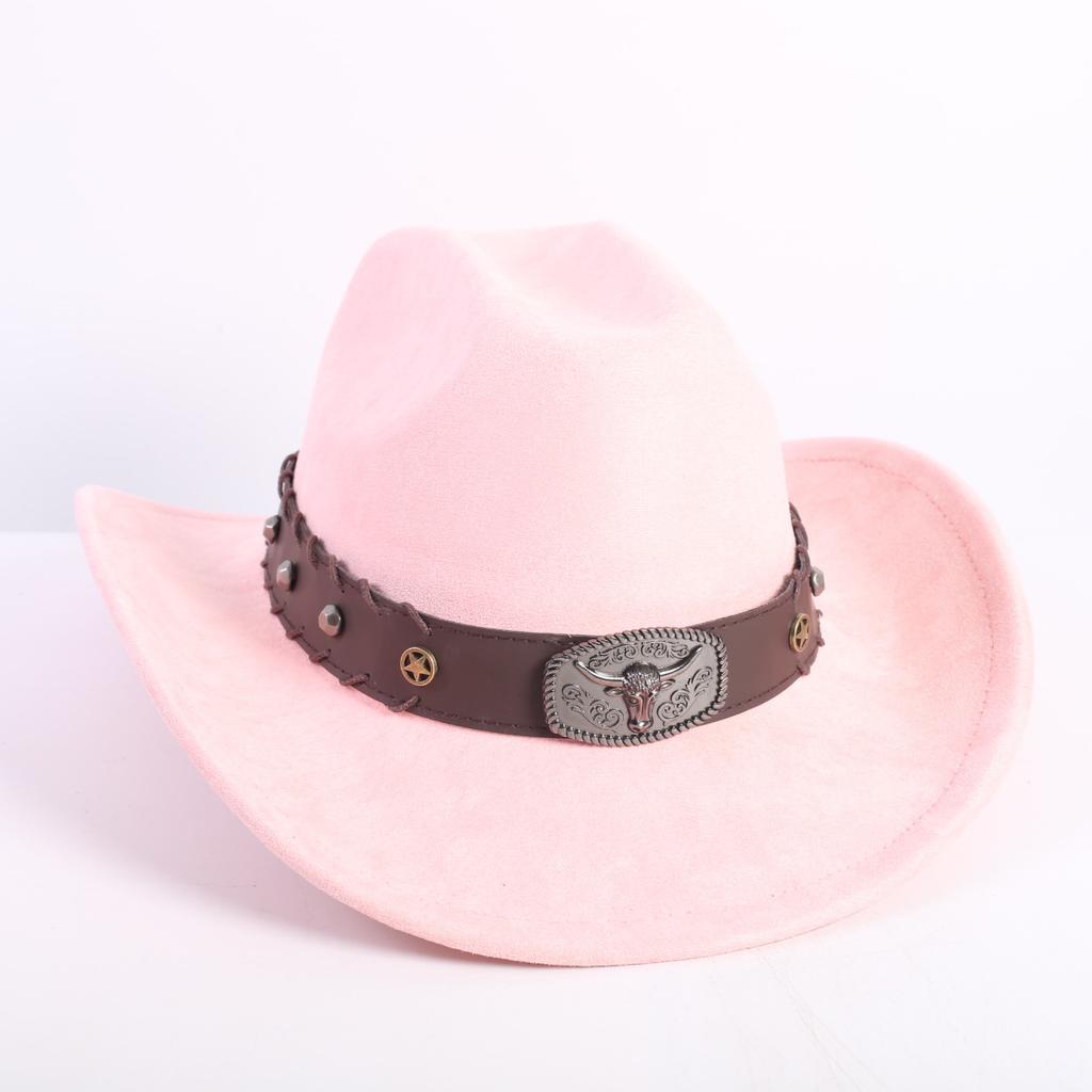 New western cowboy hat men's and women's wide-brimmed top hat bull head rivet belt buckle sun hat