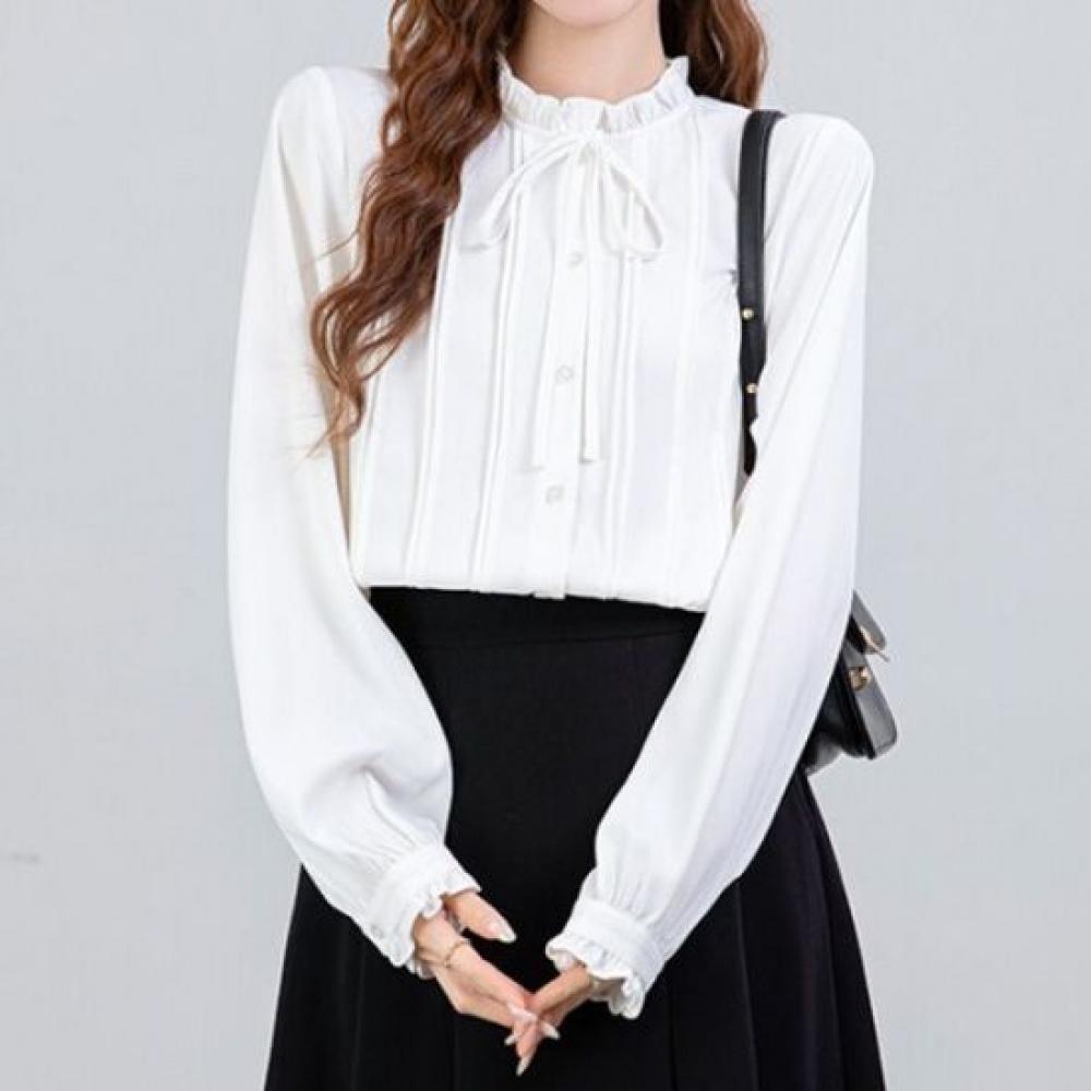 Navava Women Romantic Lovely Shirring Frill Ribbon Long Sleeve Blouse Nb3081