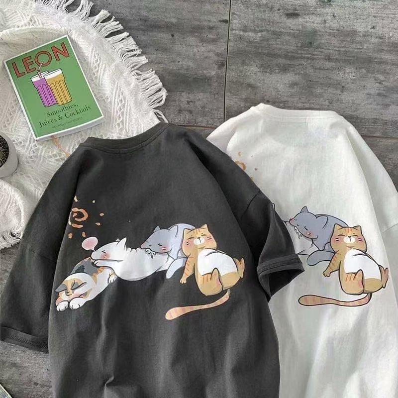 Cat Print Cartoon Trendy Brand Cute Short-Sleeved Hong Kong Style T-Shirt Boys Summer Trend Loose And Versatile Couple Clothes