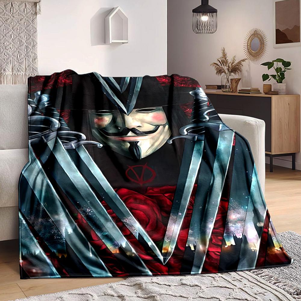 1pc V for Vendetta Flannel Throw Blanket - HD Printed Lightweight Soft Warm All-Season Blanket for Sofa, Bed, Travel, Camping 090
