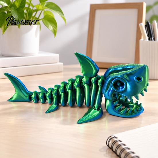 Cool Office Desk Decoration 3D Printed Articulated Skeleton Shark Figurine, Pearlescent Flexible Joint Movable Spine Toy Bone Toy, Fidget Decor, Gift