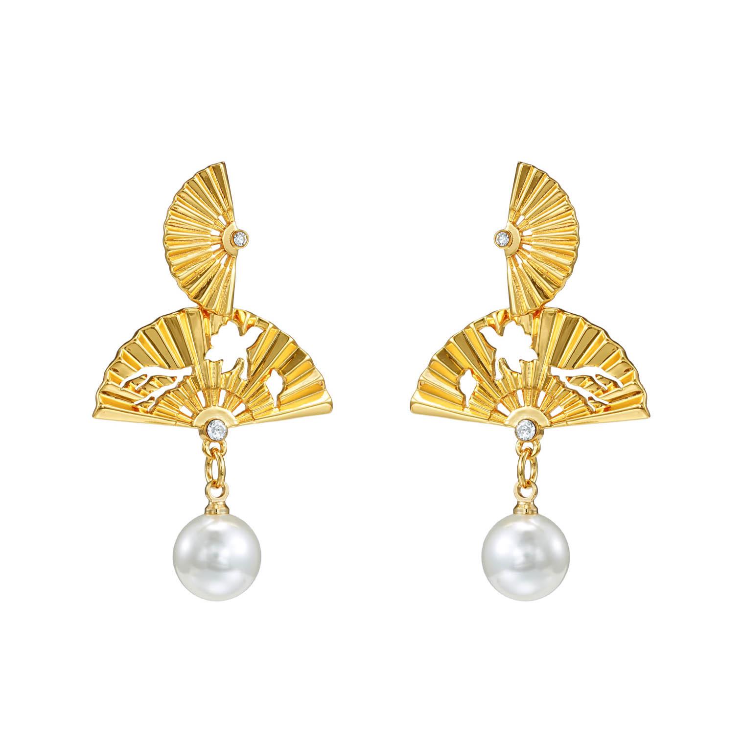 Chinese Double Layer Gold Fan Tassel Pearl Earrings with Silver Studs