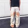 American high street heavy industry lace chain printed jeans men and women design sense niche casual wide legs mopping long