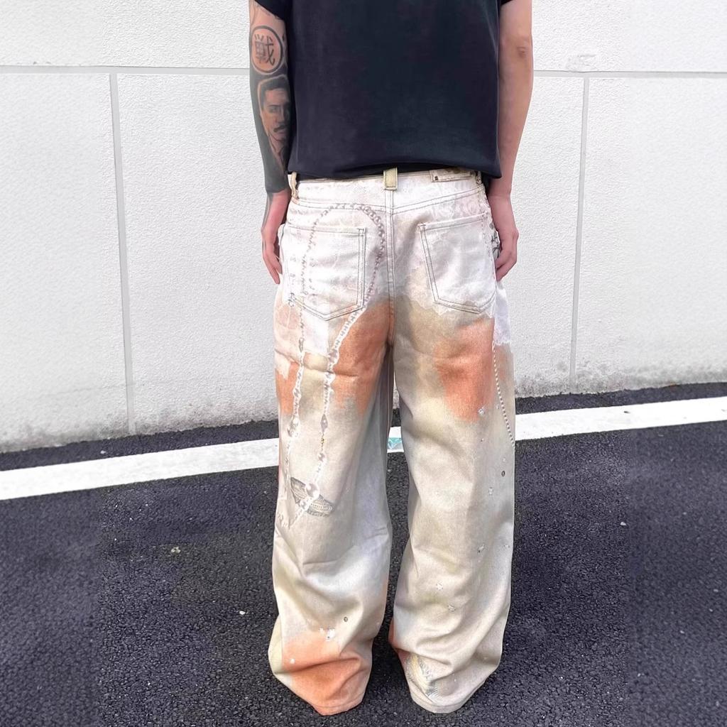 American high street heavy industry lace chain printed jeans men and women design sense niche casual wide legs mopping long