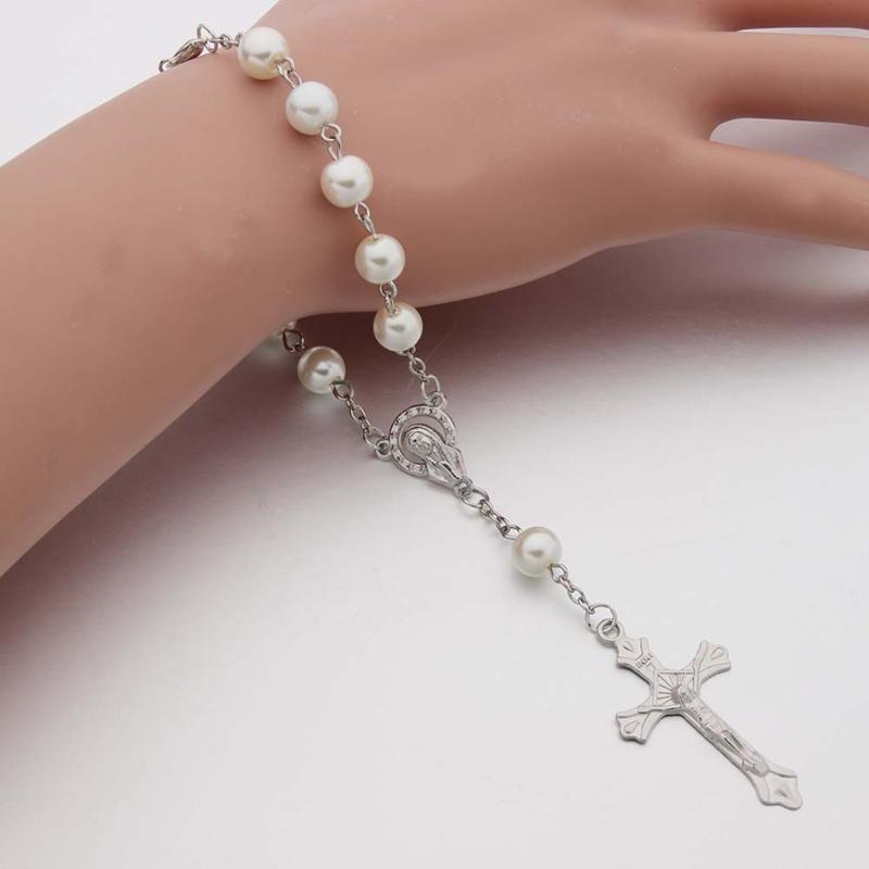 2Pieces/Set Catholic Rosary Bracelet White Imitation Pearl Beads Christ Crucifix Crucifix Bracelet of Our Lady of Jesus