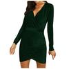 Women's Solid Color Long-sleeved Cross V-neck Sexy Bag Hip Slim Shiny Evening Knee-length Dress