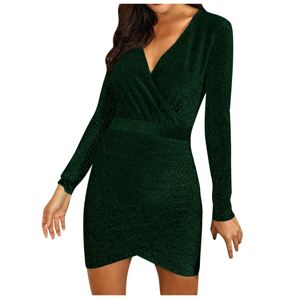 Women's Solid Color Long-sleeved Cross V-neck Sexy Bag Hip Slim Shiny Evening Knee-length Dress