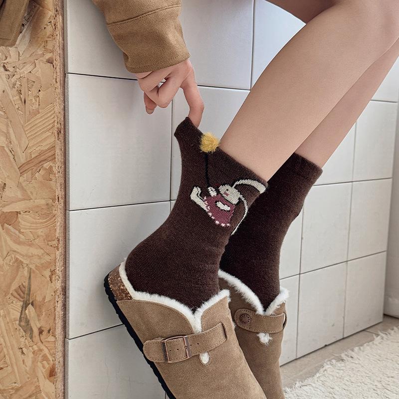 Design Wool Socks Cute Rabbit Contrast Color Coral Velvet Balloon In The Tube Women'S Socks To Keep Warm