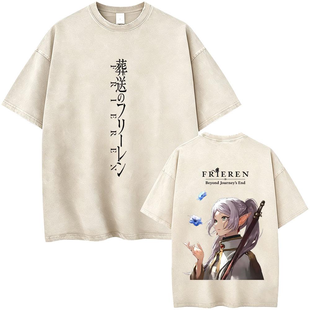 Anime Frieren Beyond Journeys End Frieren Washed Vintage Tshirt Men Women Fashion Manga Tshirts High Quality Cotton T Shirts