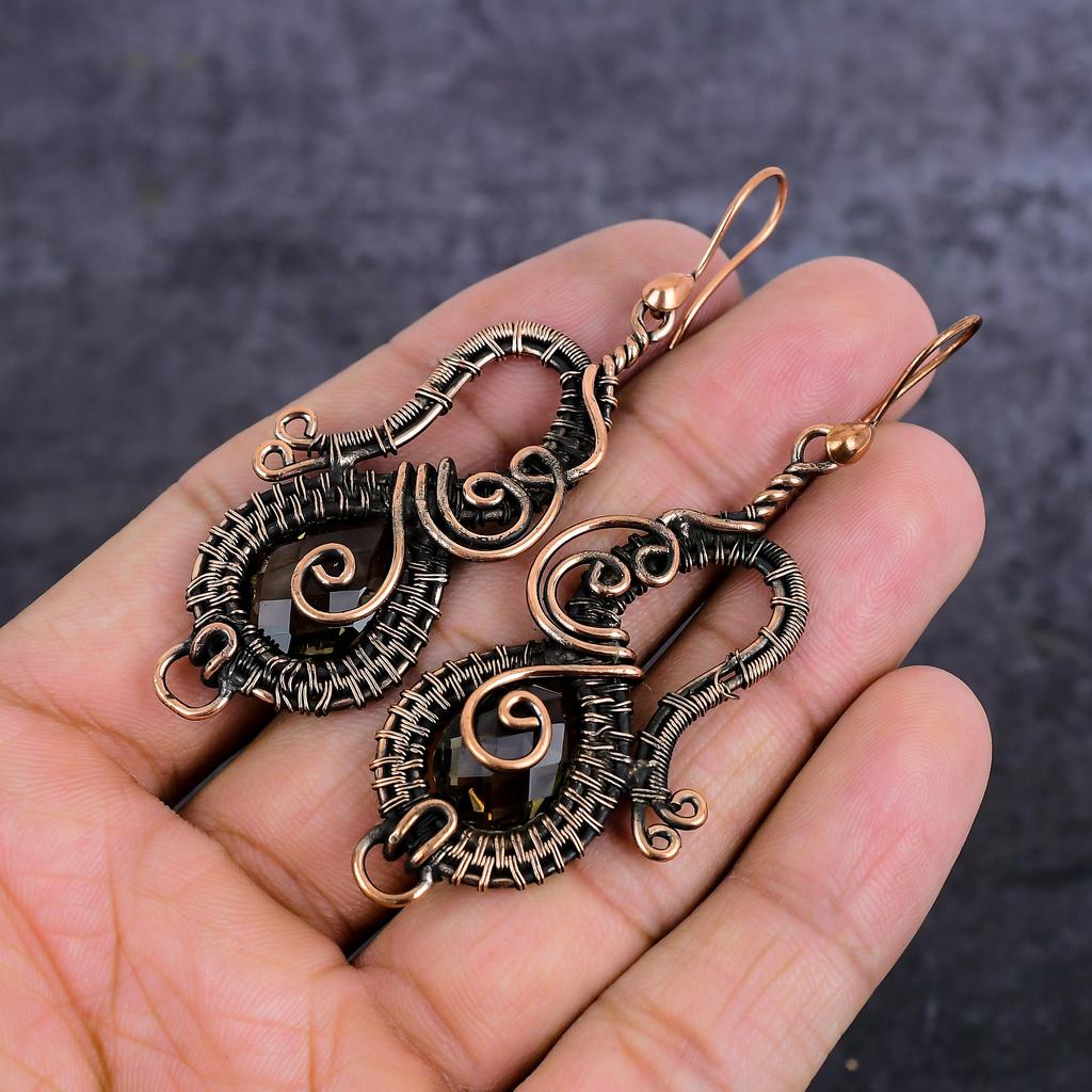 Natural Smoky Topaz Gemstone Copper Wire Wrap Jewelry Earring 2.96" p4e44