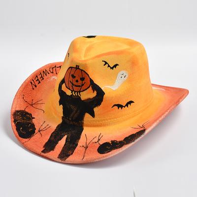Nové Halloweenské ručně malované pro ženy Muži Klobouk Fedora Cosplay Společenské šaty se zakřiveným okrajem Jazz Klobouky