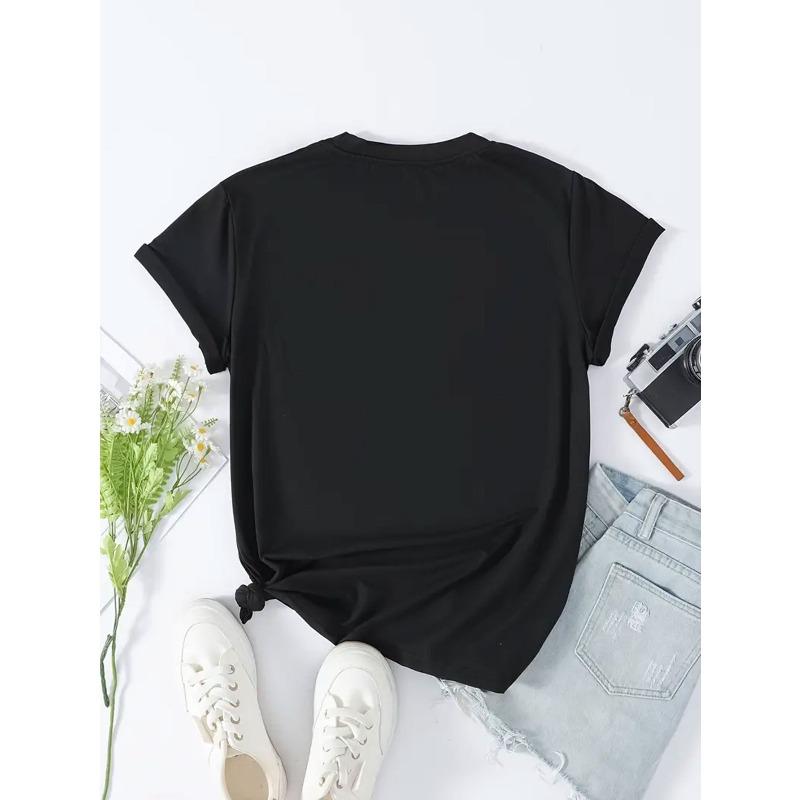 European Size Plus Size-Women'S Blessed Heart&Cross Print T-Shirt - Black with White Lettering&Golden Cross,Crew Neck Short Sleeve Valentine'S Day