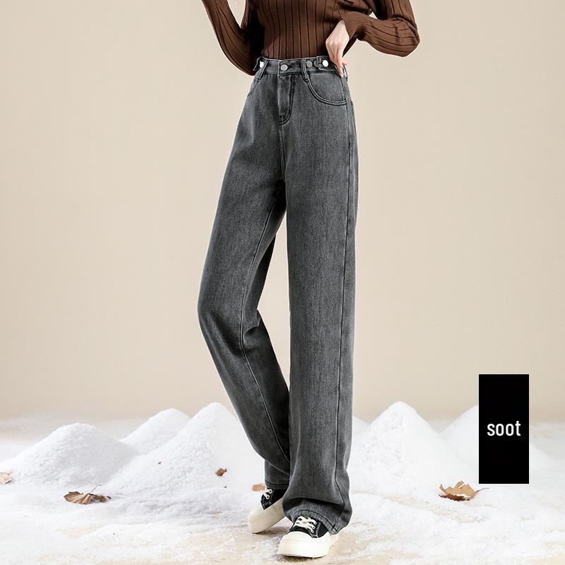 Women's High-Waisted Fleece-Lined Jeans: Thick, Light-Colored, Straight-Leg, Slimming Wide-Leg, Dark Blue for Autumn/Winter 2025.